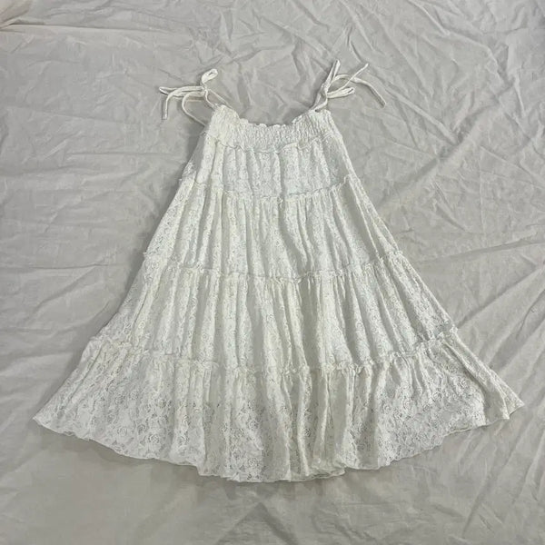 [BUNJANG] Flower Lace Ruffled Two-Way Strap Dress White Ivory / 플라워 레이스 캉캉 투웨이 끈 원피스 화이트 아이보리 모리걸 하구미