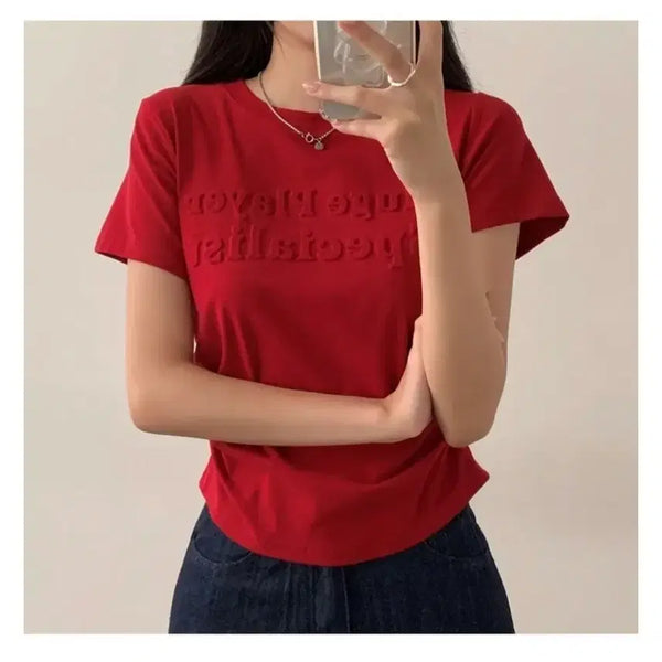 [BUNJANG] Embo Logo Short Sleeve T-Shirt - Red / 새상품 엠보 로고 반팔티 레드