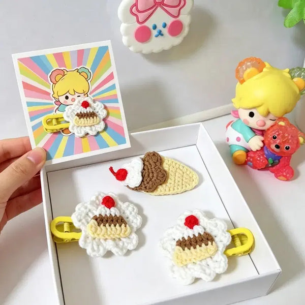 [BUNJANG] Handmade Crocheted Pudding & Ice Cream Hair Pins / 손뜨개 귀여운 푸딩 아이스크림 머리핀 핸드메이드 코바늘
