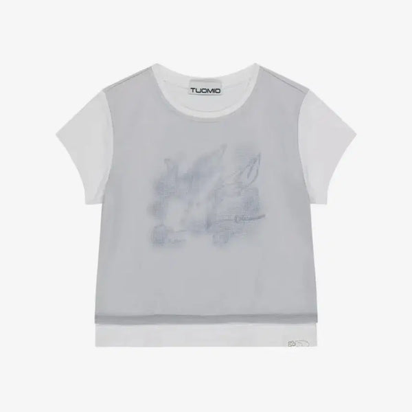 [BUNJANG] Duo Mio Layered Graphic T-Shirt White / 뚜오미오 매쉬 레이어드 그래픽 티셔츠 화이트