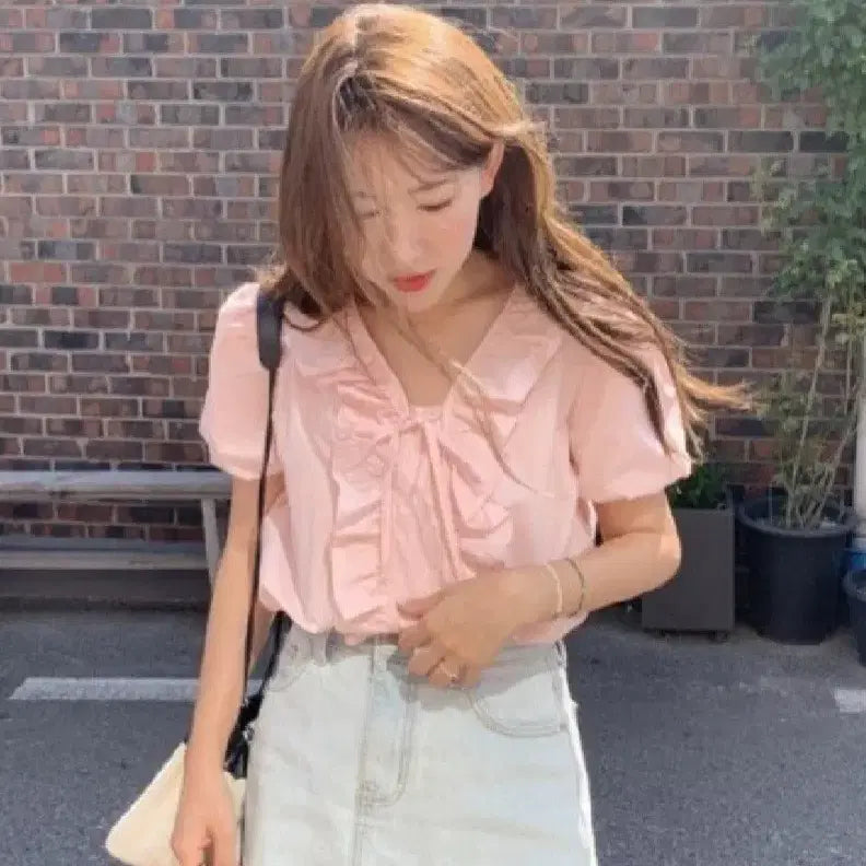 [BUNJANG] UnderBie Ribbon Cotton Blouse (Pink) / 언더비_ 리본 코튼 블라우스(pink)