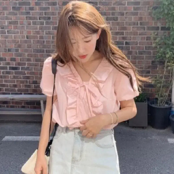 [BUNJANG] UnderBie Ribbon Cotton Blouse (Pink) / 언더비_ 리본 코튼 블라우스(pink)