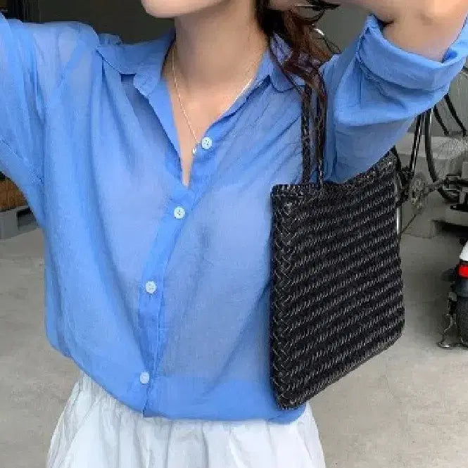 [BUNJANG] LikeU Likement Carmot See-through Shirt (Blue) / 라이크유_라이크먼트 카르모 시스루 셔츠 (blue)