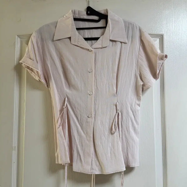 [BUNJANG] Strap Short Sleeve Collared Shirt Blouse / (새상품) 스트랩 반팔 카라 셔츠 블라우스