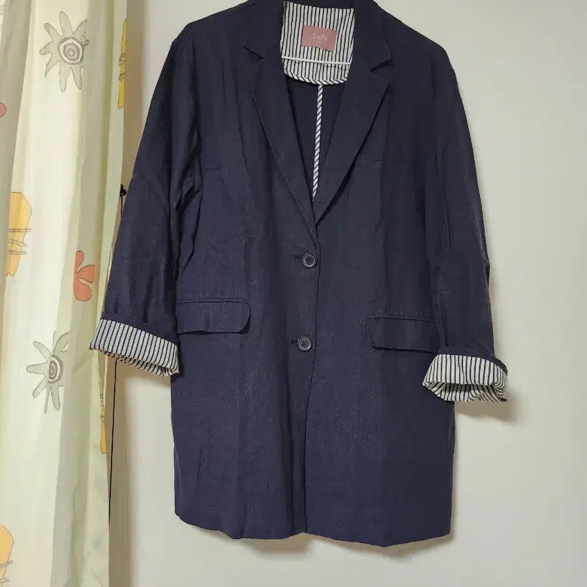 [BUNJANG] Women's Relaxed Fit Linen Jacket - Navy, Size 66 / 보이핏 여성  마(린넨) 자켓 66