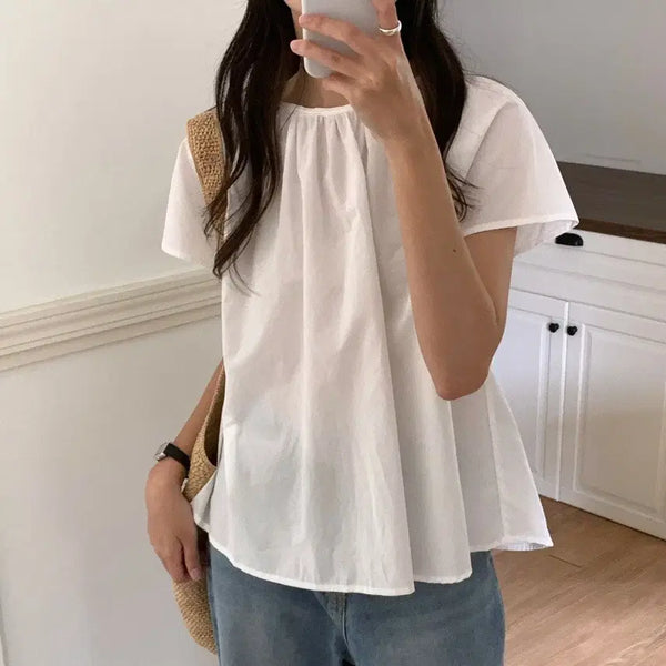 [BUNJANG] Round Shirring Flare Short Sleeve Blouse / (국내제작) 라운드 셔링 플레어 반팔블라우스_아이1