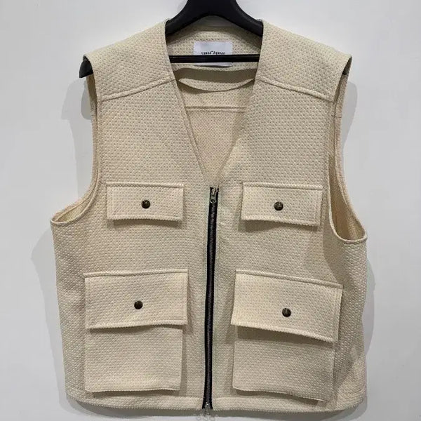[BUNJANG] Crunky Youth Textured Full Zip Pocket Vest Cream / [Free] 크렁키 유스 텍스처드 풀집업 포켓 베스트 크림