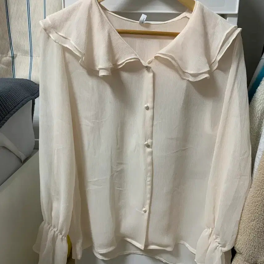 [BUNJANG] Women's Frill Chiffon Blouse - Peach Pink / (새옷) 여성 프릴 쉬폰 블라우스 피치 연핑크 여름 하객룩 데이트룩
