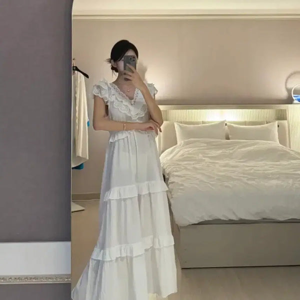 [BUNJANG] Evelyn Lace Frill White Princess Dress Pajama Homewear / 이브엘 레이스 프릴 화이트 프린세스 원피스 파자마 홈웨어