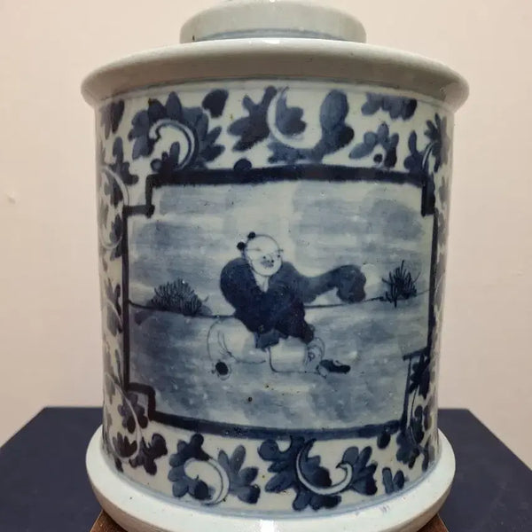 [BUNJANG] Chinese Blue and White Porcelain Tea Caddy with Floral and Scholar Motif / 중국 도자기, 골동품, 청화백자, 화훼고사도차호