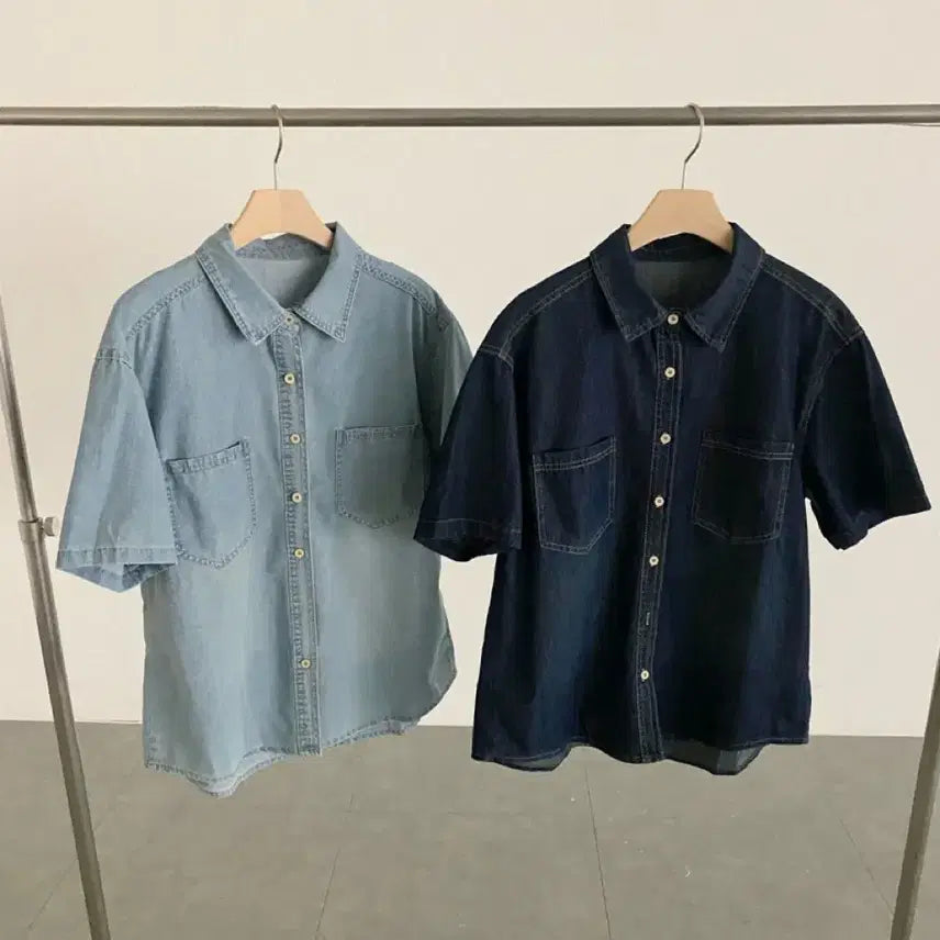 [BUNJANG] Light Wash Short Sleeve Denim Shirt / 연청 반팔 데님 남방