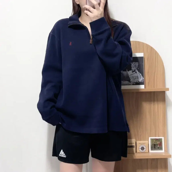 [BUNJANG] Polo Ralph Lauren Navy Burgundy Pony Half-Zip Sweatshirt (L) / 폴로 네이비 / 버건디포니 반집업 [ L ]