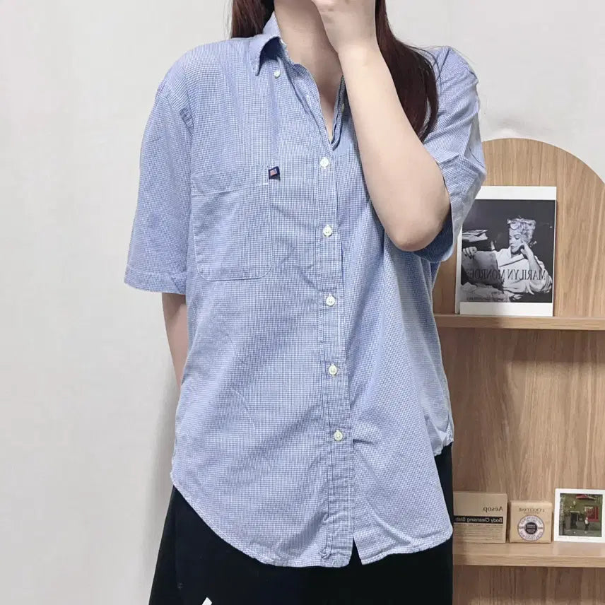 [BUNJANG] Polo Jeans "Stars and Stripes Pocket" Blue Check Short Sleeve Shirt - Size S / 폴로 진스 블루 체크 성조기포켓 반팔셔츠 [ S ]