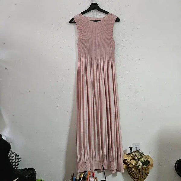 [BUNJANG] Pleated Sleeveless Long Dress Pink / 플리츠 민소매 롱 원피스 핑크