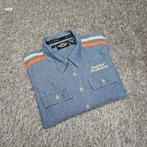[BUNJANG] 90's Harley-Davidson Sideline Denim Shirt - Size S / 90's 할리데이비슨 사이드라인 데님셔츠 S