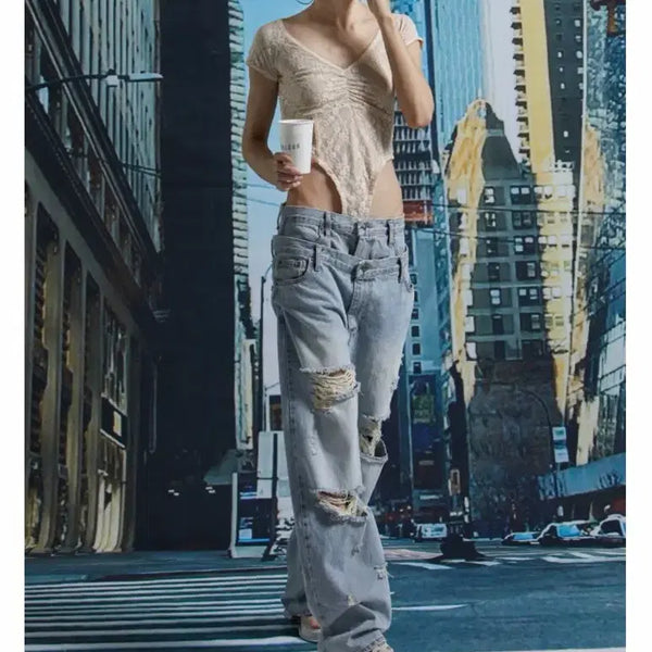 [BUNJANG] Wide Leg Distressed Jeans / 게이트리스 청바지