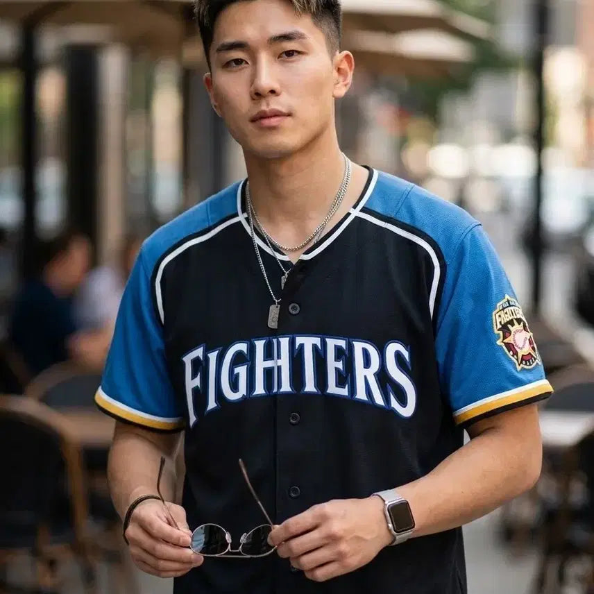 [BUNJANG] Fighters Baseball Jersey - Black/Blue - Size 100-105 / 100~105/파이터즈 야구 유니폼 매쉬 반팔티