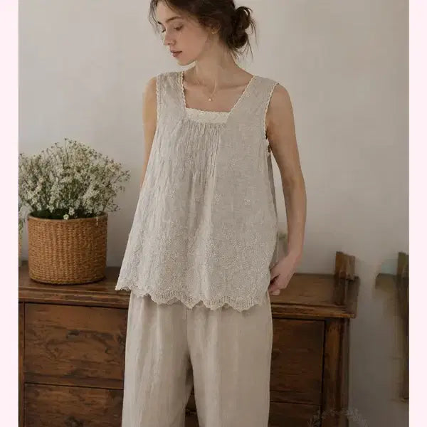 [BUNJANG] Doxia Pure Linen Embroidered Lace Camisole / 도지아 퓨어린넨 자수 레이스 나시