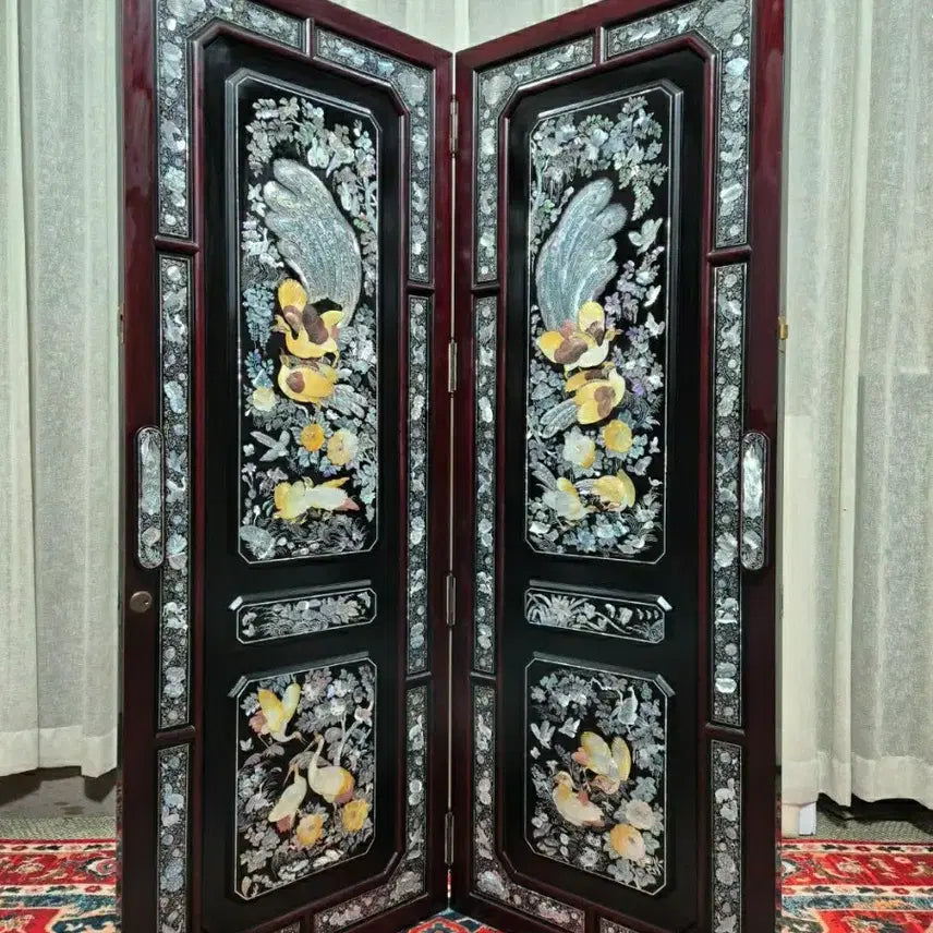 [BUNJANG] 1970s Vintage Tongyeong Mother-of-Pearl Inlaid Folding Screen / N6-1 70S 빈티지 오리지널 통영나전칠기 천연자개 2폭 접이식 파티션