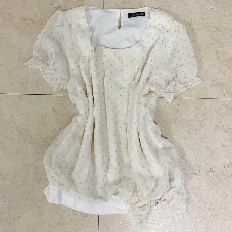 [BUNJANG] Pepe Vintage Dot Ribbon Short Sleeve Blouse / 페페빈티지 도트리본반팔블라우스 라떼갸루히메갸루로걀짜잔씨맹물빈티지오월빈티지