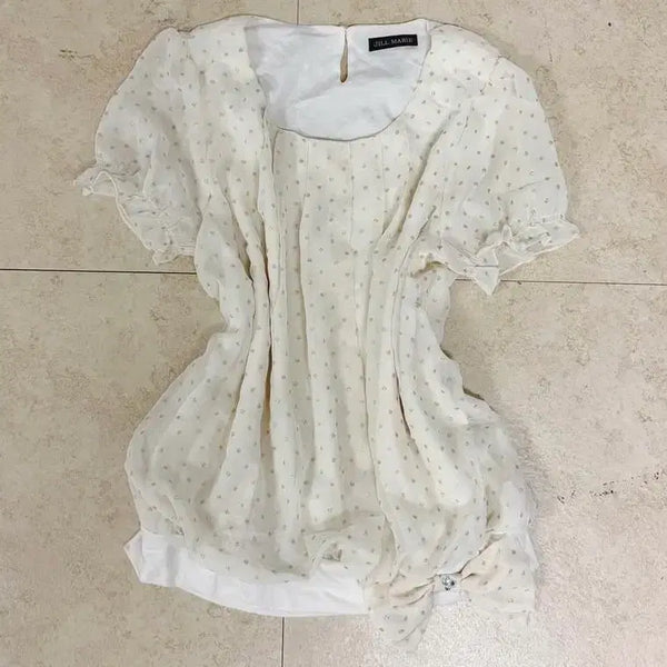 [BUNJANG] Pepe Vintage Dot Ribbon Short Sleeve Blouse / 페페빈티지 도트리본반팔블라우스 라떼갸루히메갸루로걀짜잔씨맹물빈티지오월빈티지