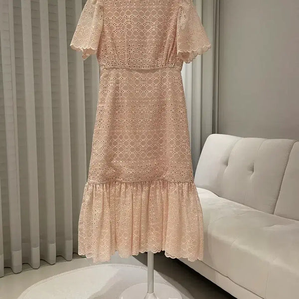[BUNJANG] Punching Short Sleeve Long Dress (Light Pink) / 펀칭 반팔 롱원피스(연핑크)