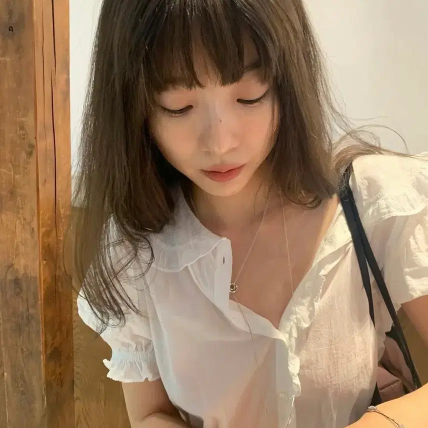 [BUNJANG] Via Plain Frill Collar Puff Sleeve Blouse (M) / 비아플레인 블라우스 M사이즈