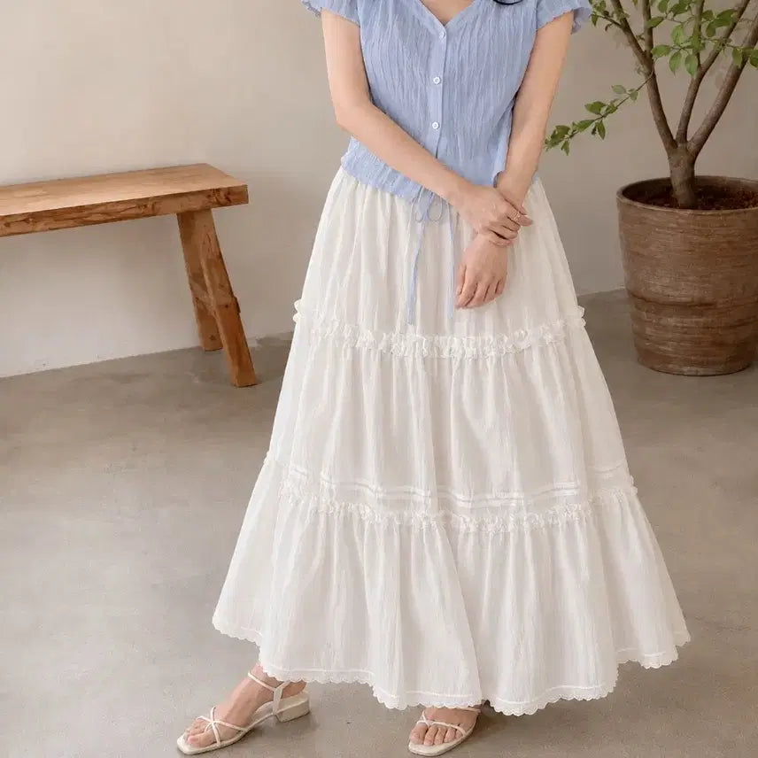 [BUNJANG] Romantic Lace Tiered Maxi Skirt - 100% Cotton / [매장용/새상품] 면100% 로맨틱 캉캉 레이스 롱스커트