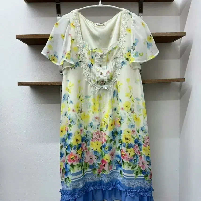 [BUNJANG] Axixphem Mori Girl Watercolor Butterfly Button Frill Dress / 대대장 빈티지 엑시즈팜 모리걸 수채화 버터플라이 단추 프릴 원피스