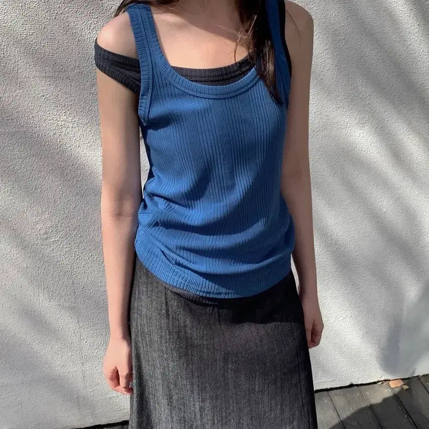 [BUNJANG] Ribbed U-Neck Tank Top (2-Pack) / 새상품) 골지 유넥 나시 블루,차콜 2장 합