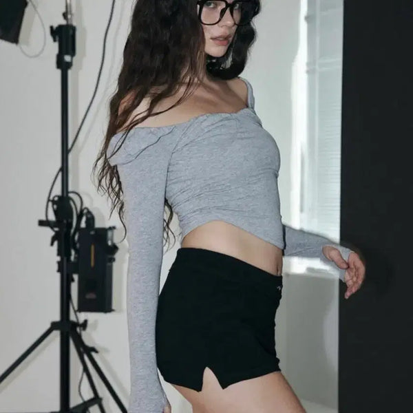 [BUNJANG] Please No Follow Misty Shirring Long Sleeve Top - Grey / 플리즈노팔로우 Misty Shirring Long Sleeve Top