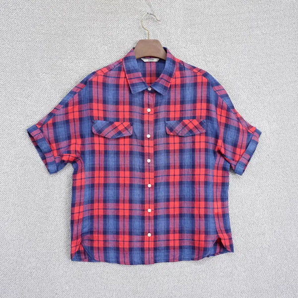 [BUNJANG] JISSE 25SS Women's Linen 100% Relaxed Fit Short Sleeve Checkered Shirt (Size 66) / 지센 25SS 여성 린넨100 넉넉 반팔 체크 셔츠 66size