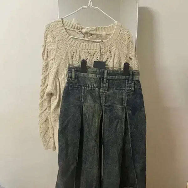 [BUNJANG] Nihonjin Mori Girl Knit and Denim Overall Skirt Set / 일본 니혼진 모리 모리걸 2세트