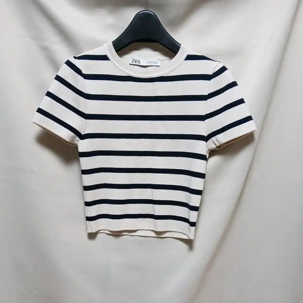 [BUNJANG] ZARA Striped Cropped Short Sleeve Knit Top / 자라 여성 스트라이프 크롭 반팔 니트