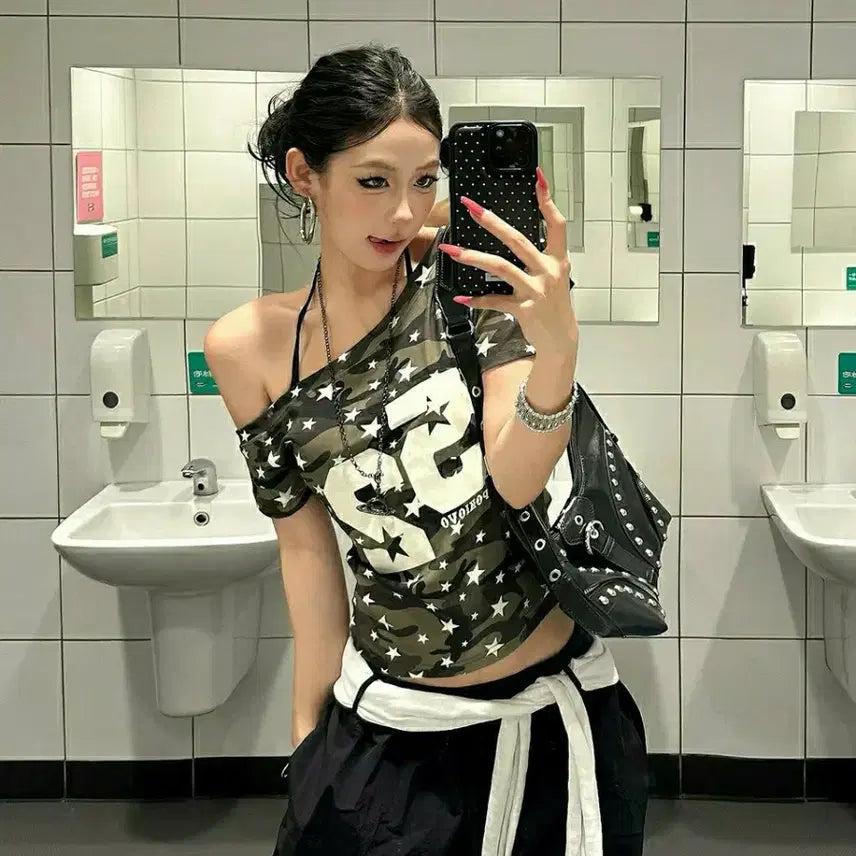 [BUNJANG] Military Camo Cropped T-Shirt Asymmetrical Hem / 밀리터리 티셔츠 카모 크롭티셔츠 언발란스 언발티 카모티
