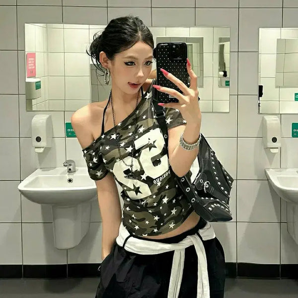 [BUNJANG] Military Camo Cropped T-Shirt Asymmetrical Hem / 밀리터리 티셔츠 카모 크롭티셔츠 언발란스 언발티 카모티