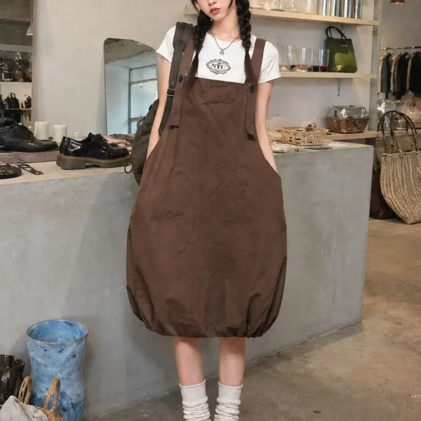 [BUNJANG] Brown Balloon Fit Pinafore Dress (Free Size) / 브라운 벌룬핏 원피스 / 멜빵 원피스 (프리사이즈)