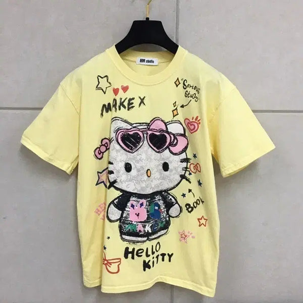 [BUNJANG] Hello Kitty Yellow Cotton T-Shirt / (미사용)헬로키티디자인 면티셔츠 반팔티 옐로우
