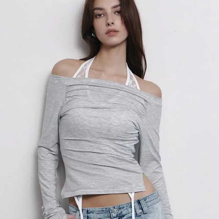 [BUNJANG] Please No Follow Seni Off-Shoulder Long Top (White Melange) / 플리즈노팔로우 Seni 세니 롱 오프숄더 탑 (화이트 멜란지)