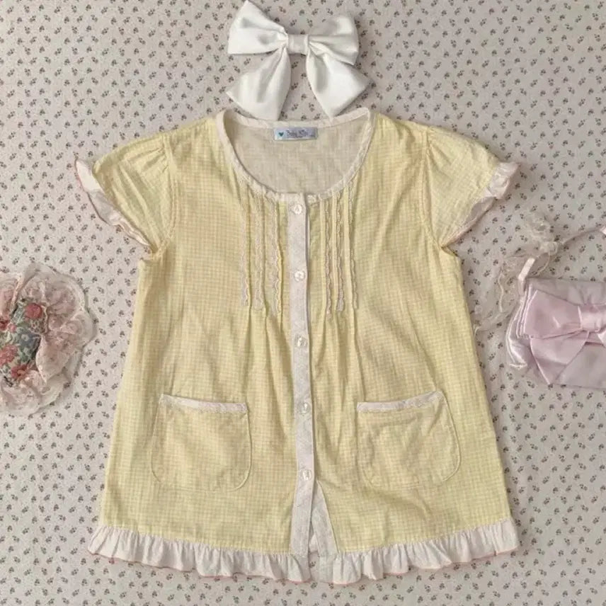 [BUNJANG] Japanese Vintage Baby Kiss Check Frill Blouse Mori Girl Y2K Style / 130 일본빈티지 Baby Kiss 체크 프릴 블라우스 모리걸 y2k