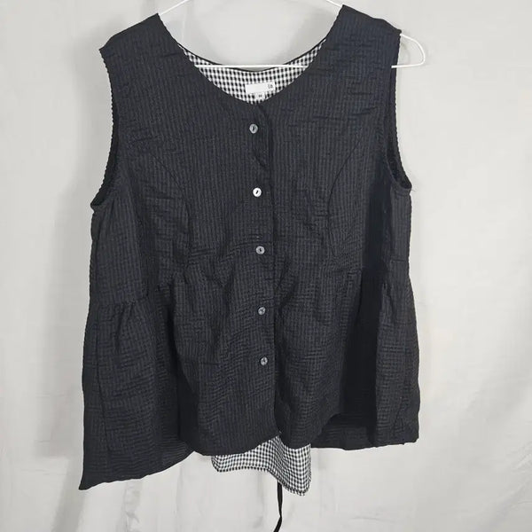[BUNJANG] Checkered Color-Block Sleeveless Blouse / 체크무늬 배색 블랙 민소매 블라우스M