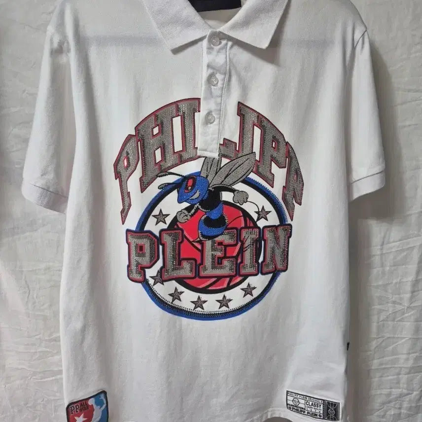 [BUNJANG] Philipp Plein White Short-Sleeve Polo Shirt Bee Print / 필립플레인 반팔 카라티 흰색 벌 나염