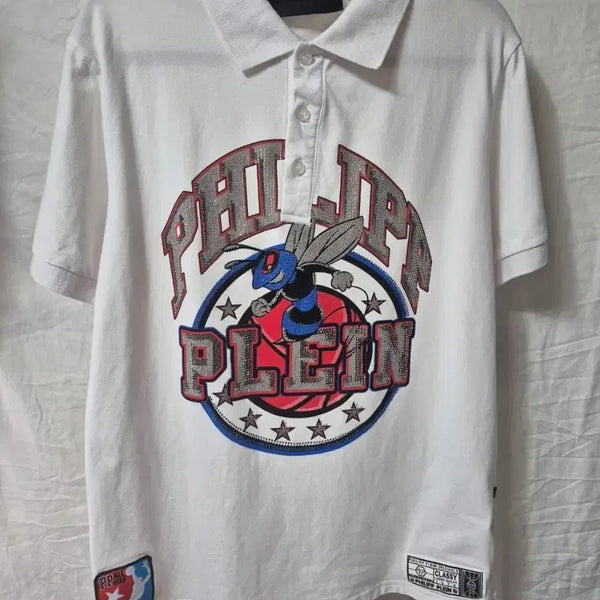 [BUNJANG] Philipp Plein White Short-Sleeve Polo Shirt Bee Print / 필립플레인 반팔 카라티 흰색 벌 나염