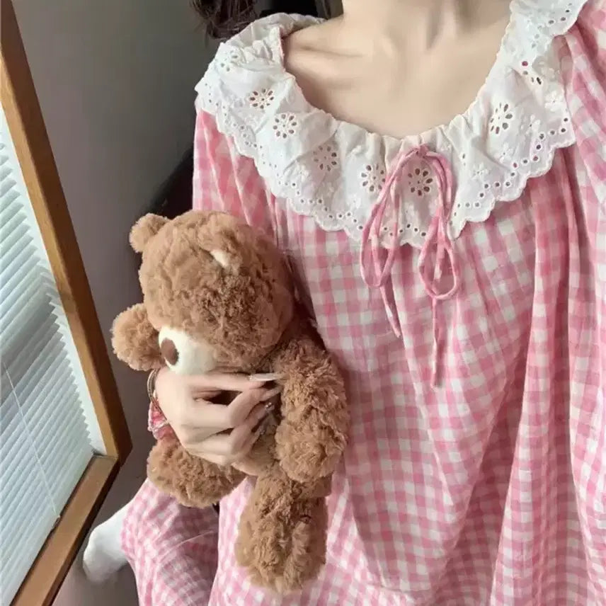 [BUNJANG] Pink Check Pajama Set (Top & Bottom) / 분홍 체크 잠옷 상하의 세트 홈웨어