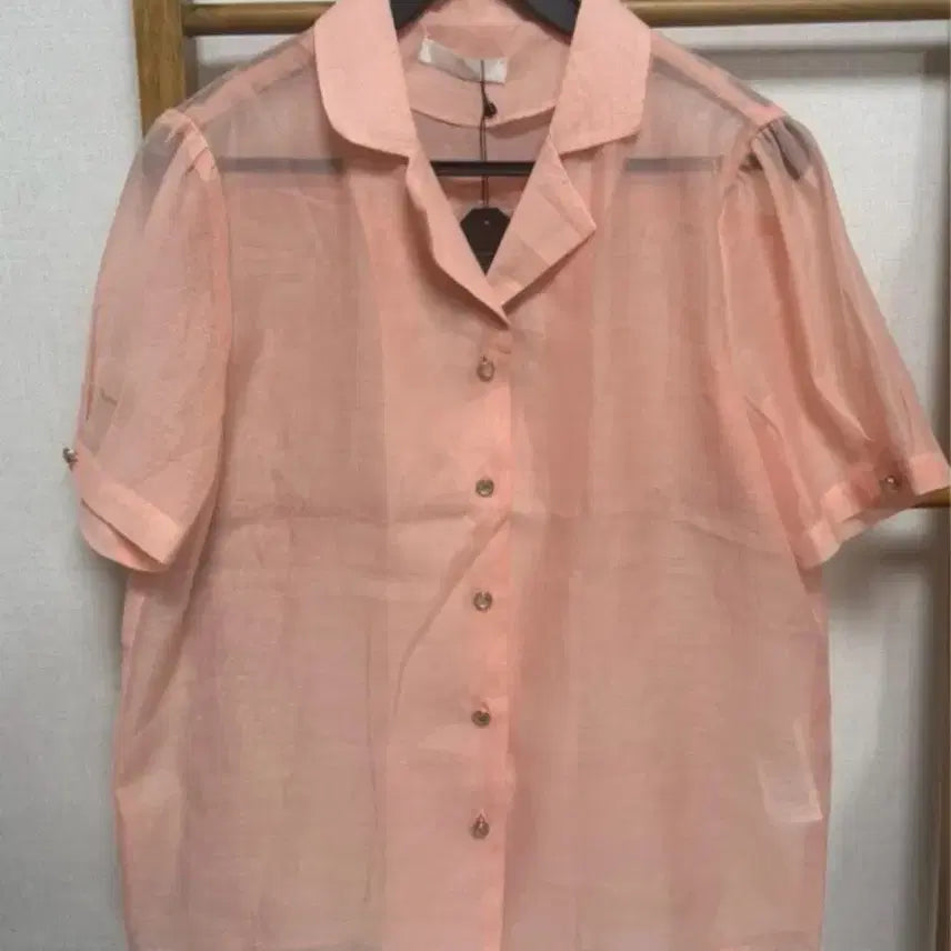 [BUNJANG] LeShop Sheer Organza Short Sleeve Blouse - Size S (New) / LeShop 핑크 오간자 반팔 블라우스 S 새상품