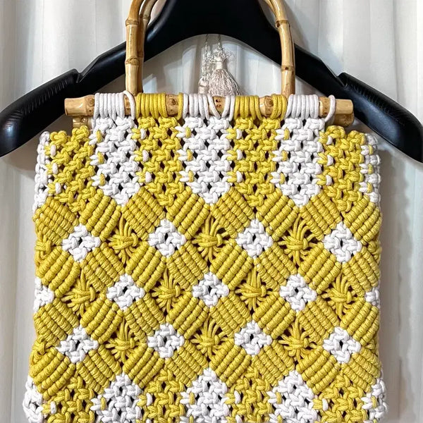[BUNJANG] Yellow Macrame Tote Bag with Bamboo Handle / (거의새것) 옐로우 마크라메 토트백 가방 백