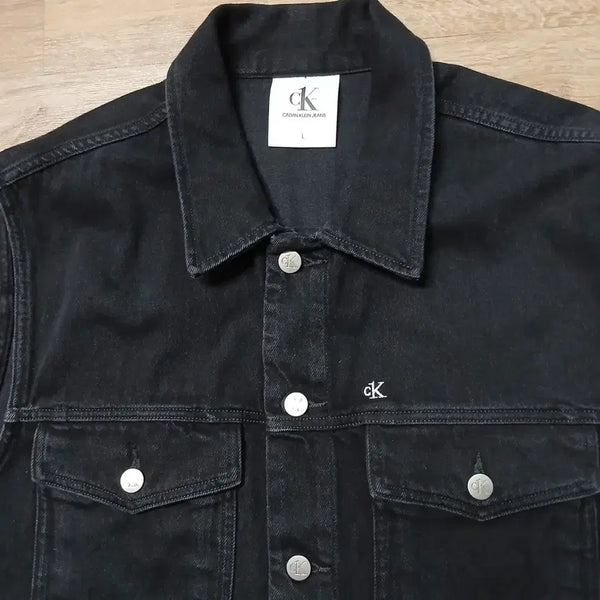 [BUNJANG] Calvin Klein Logo Oversized Denim Jacket Black / CK 캘빈클라인 로고 오버핏 데님 흑청 자켓 조끼