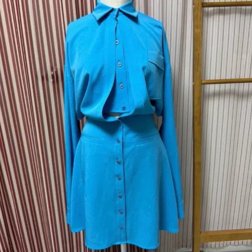 [BUNJANG] Blue Layered Crop Shirt Dress / 블루 레이어드 크롭 셔츠 원피스