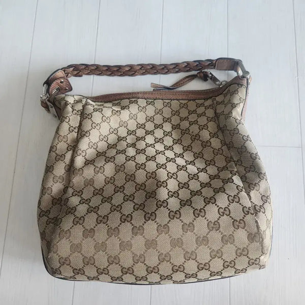 [BUNJANG] Gucci 257090 GG Jacquard Brown Leather Bamboo Shoulder Bag / 구찌 257090 자가드 브라운 레더 뱀부 장식 숄더백