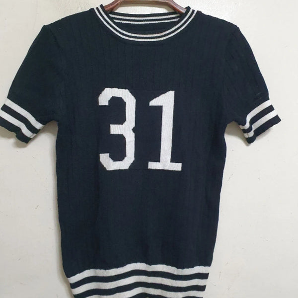[BUNJANG] Black Knit Short Sleeve T-Shirt with '31' Detail / 블랙 니트 반팔티